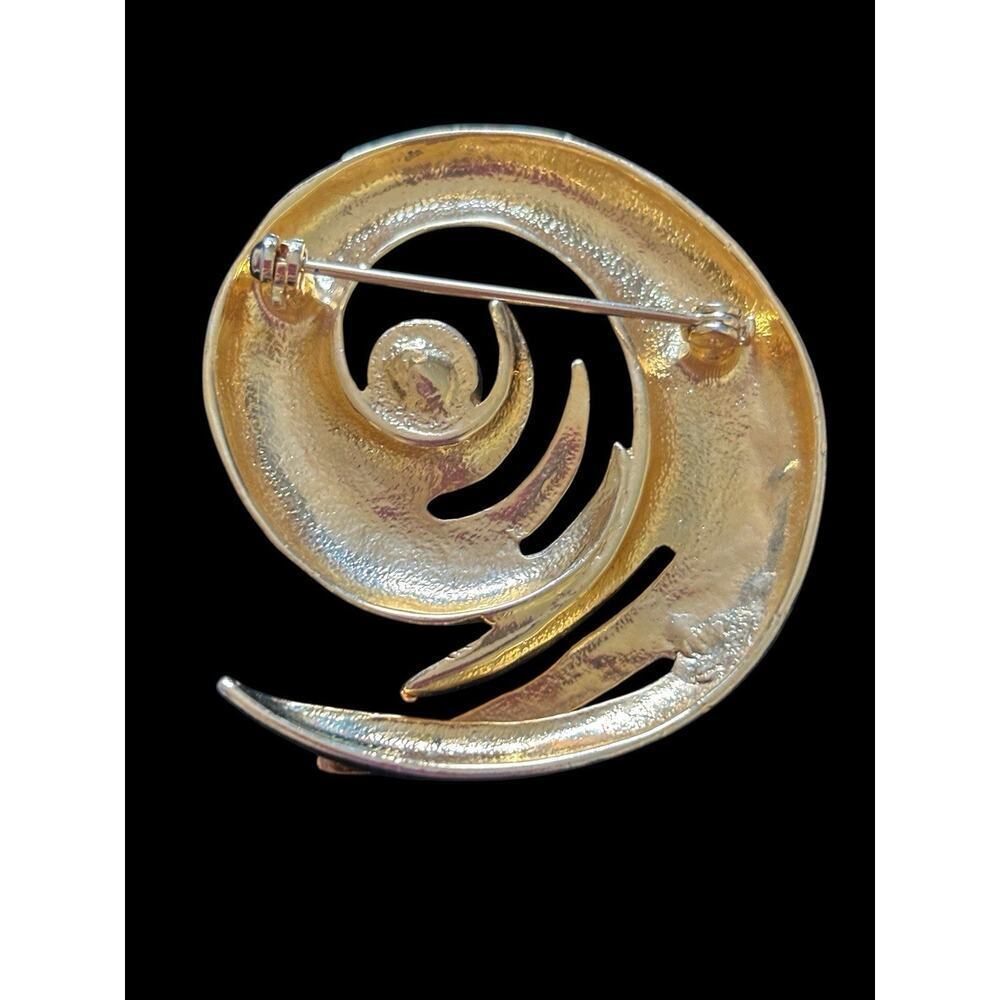 Gold Tone Rhinestone Swirl Brooch Pin Vintage Fashion 1980s Glamorous Statement - Picture 2 of 8